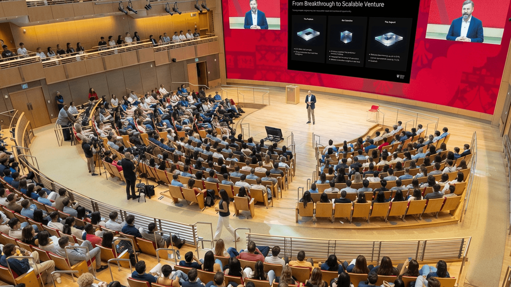 Large audience gathered in a tiered auditorium for a startup pitch event presentation.