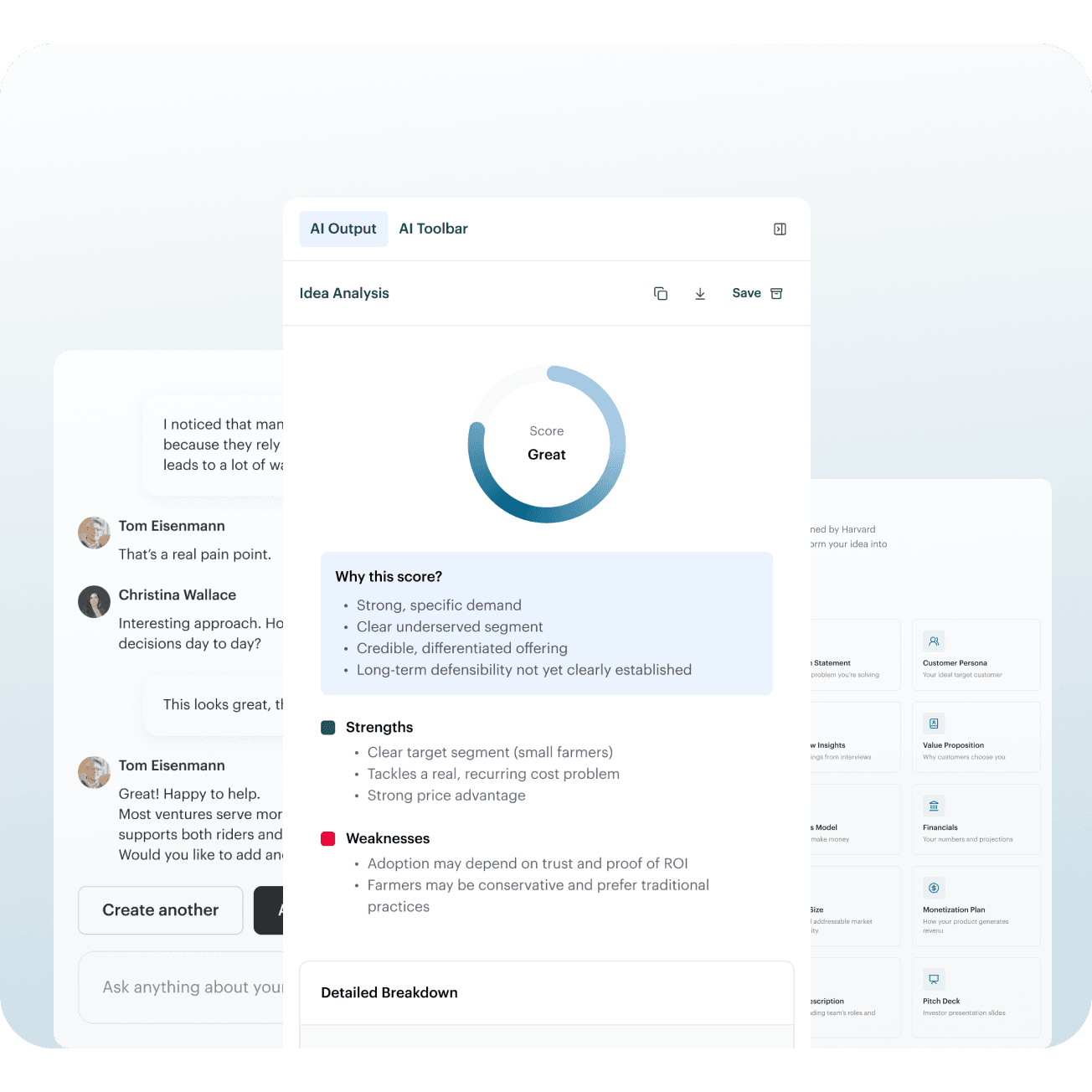 AI startup analysis dashboard showing an idea verdict score, strengths and weaknesses, and founder notes layered around the main workspace.