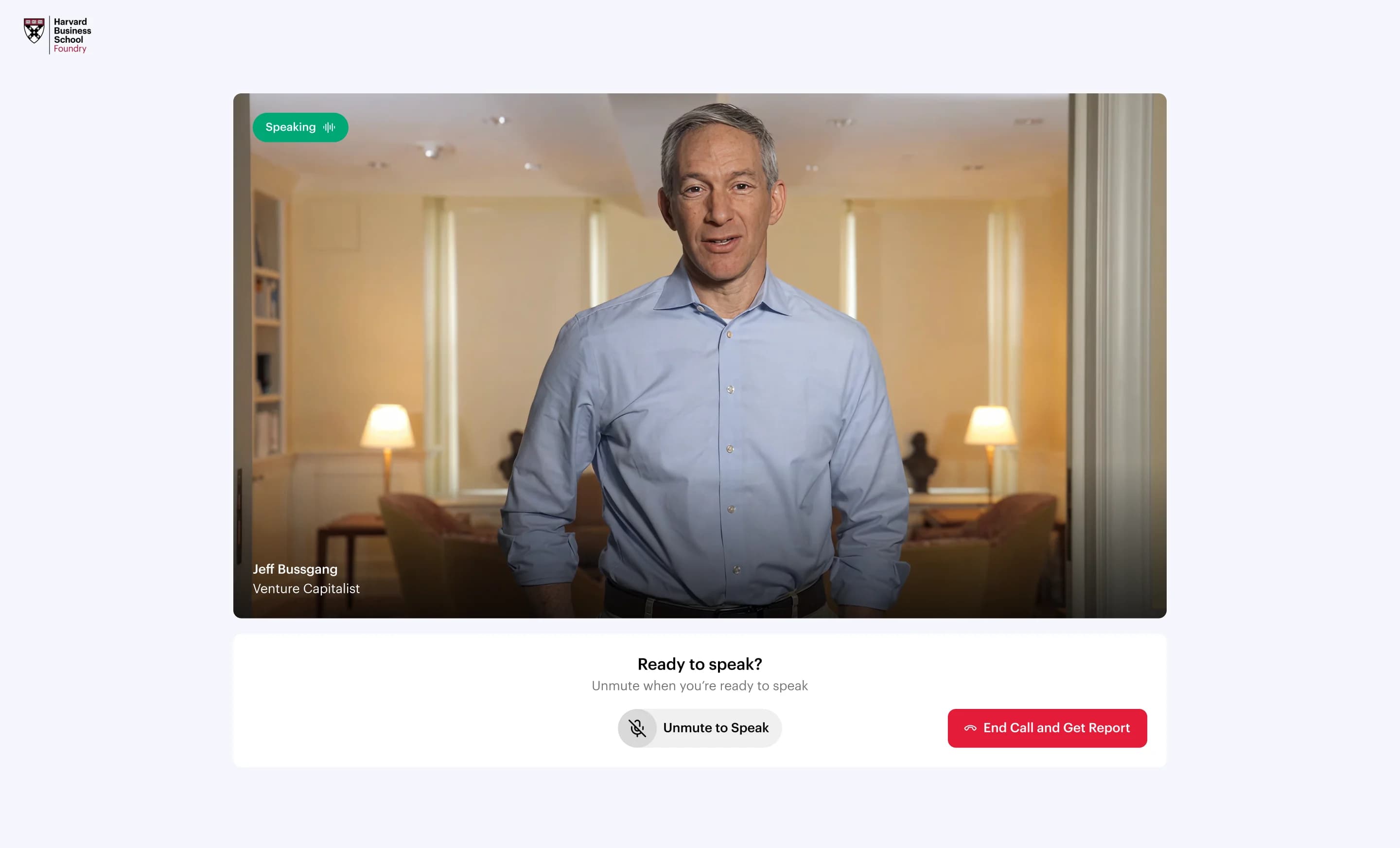 Pitch practice session with venture capitalist Jeff Bussgang speaking in an AI coaching interface.
