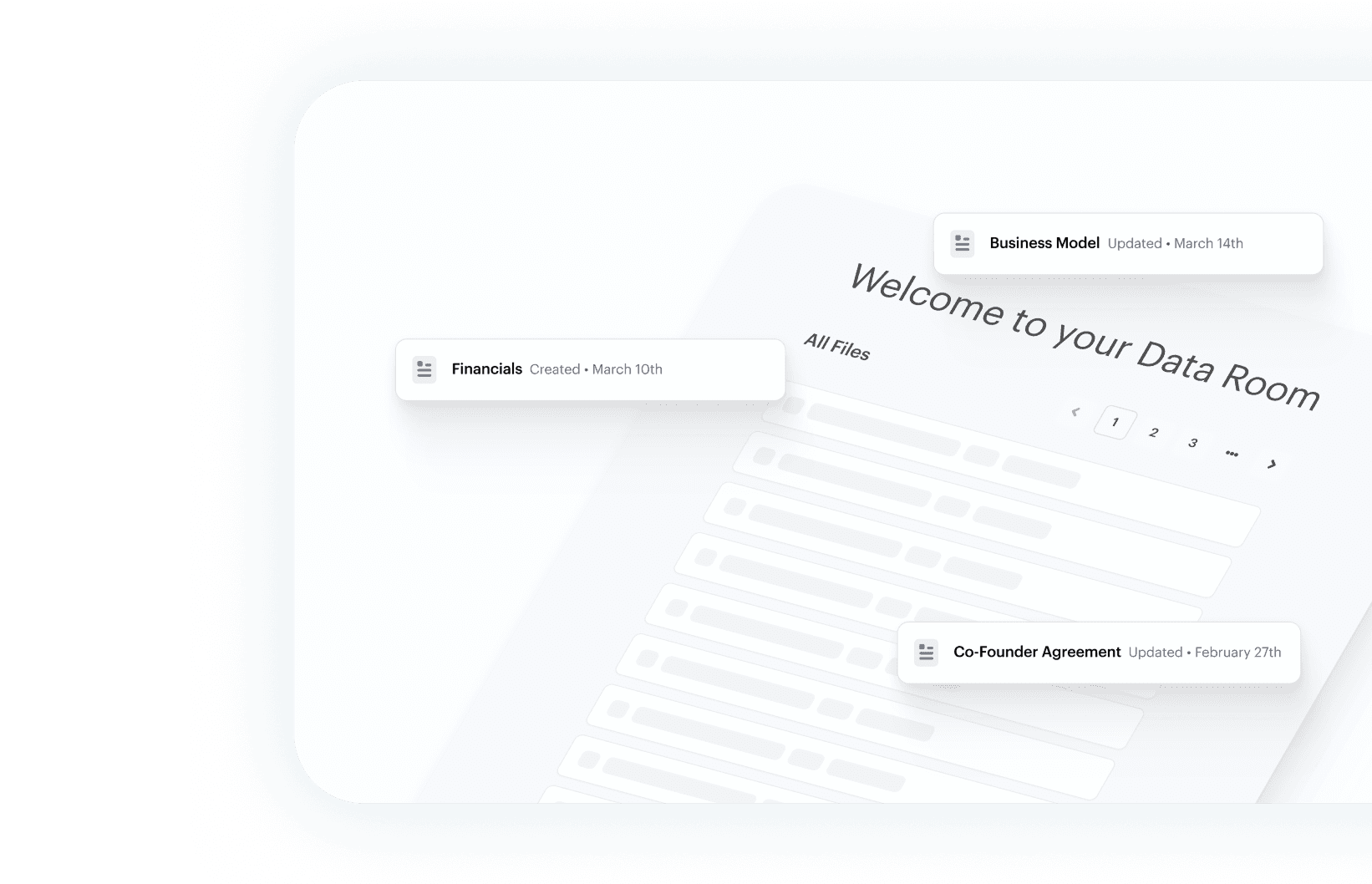 Private data room interface with startup documents and update timestamps arranged across the workspace.