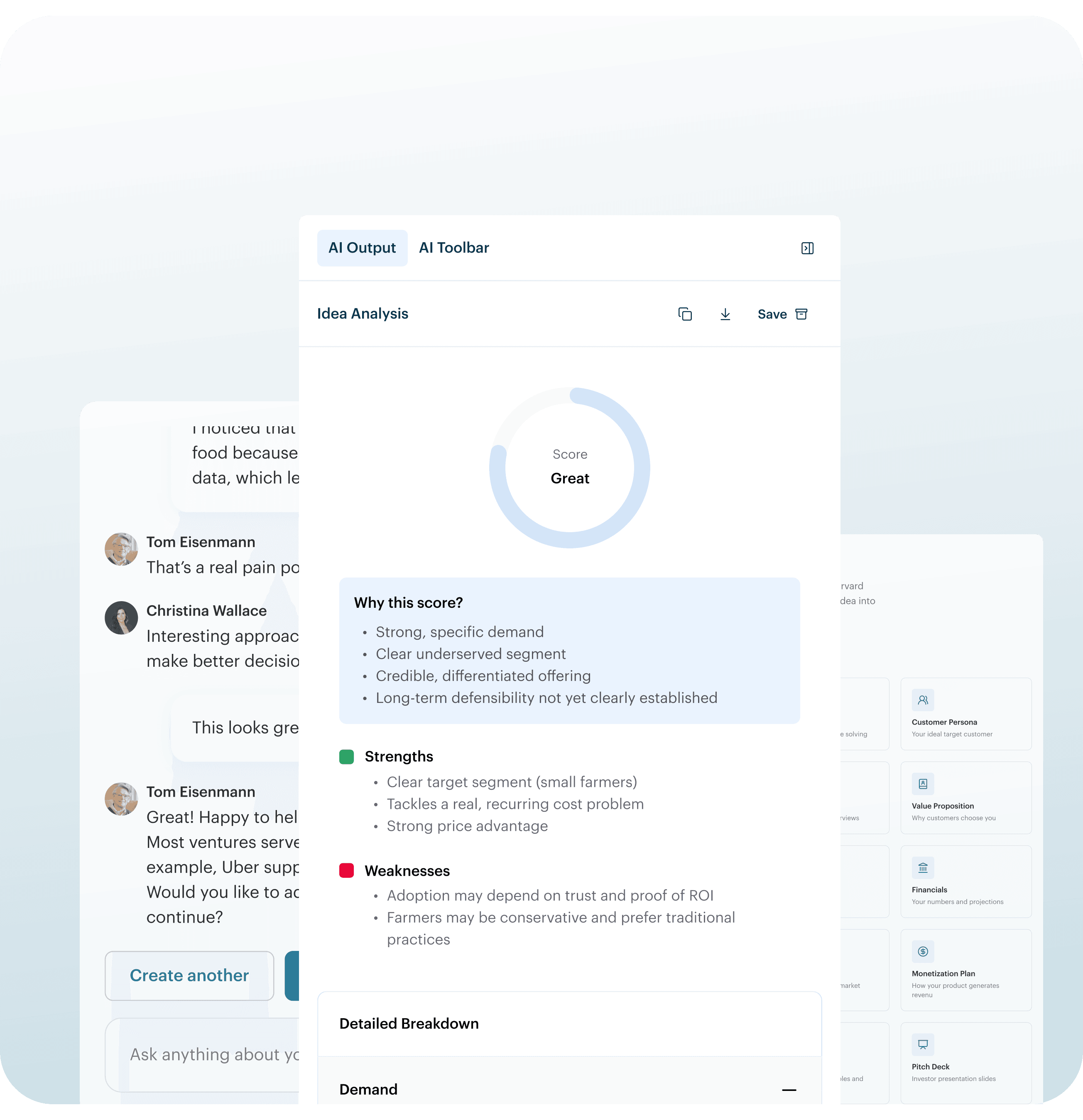 AI startup analysis dashboard showing an idea verdict score, strengths and weaknesses, and founder notes layered around the main workspace.